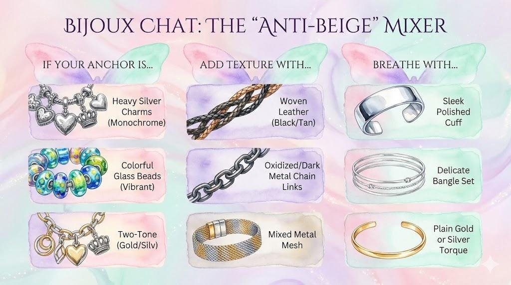 A watercolor-style infographic titled 'Bijoux Chat: The Anti-Beige Mixer' on a pastel background. It features three columns with wing-shaped headers: 'If Your Anchor Is...', 'Add Texture With...', and 'Breathe With...'. Below each are rows with illustrations of jewelry combinations, such as a silver charm bracelet paired with woven leather and a polished cuff.