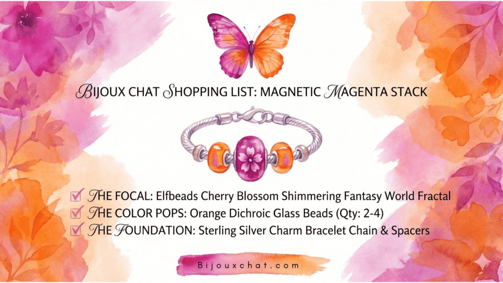 Bijoux Chat's Magnetic Magenta design shopping tips to show you which charms you can consider when building your own magenta and orange European style charm bracelet design.
