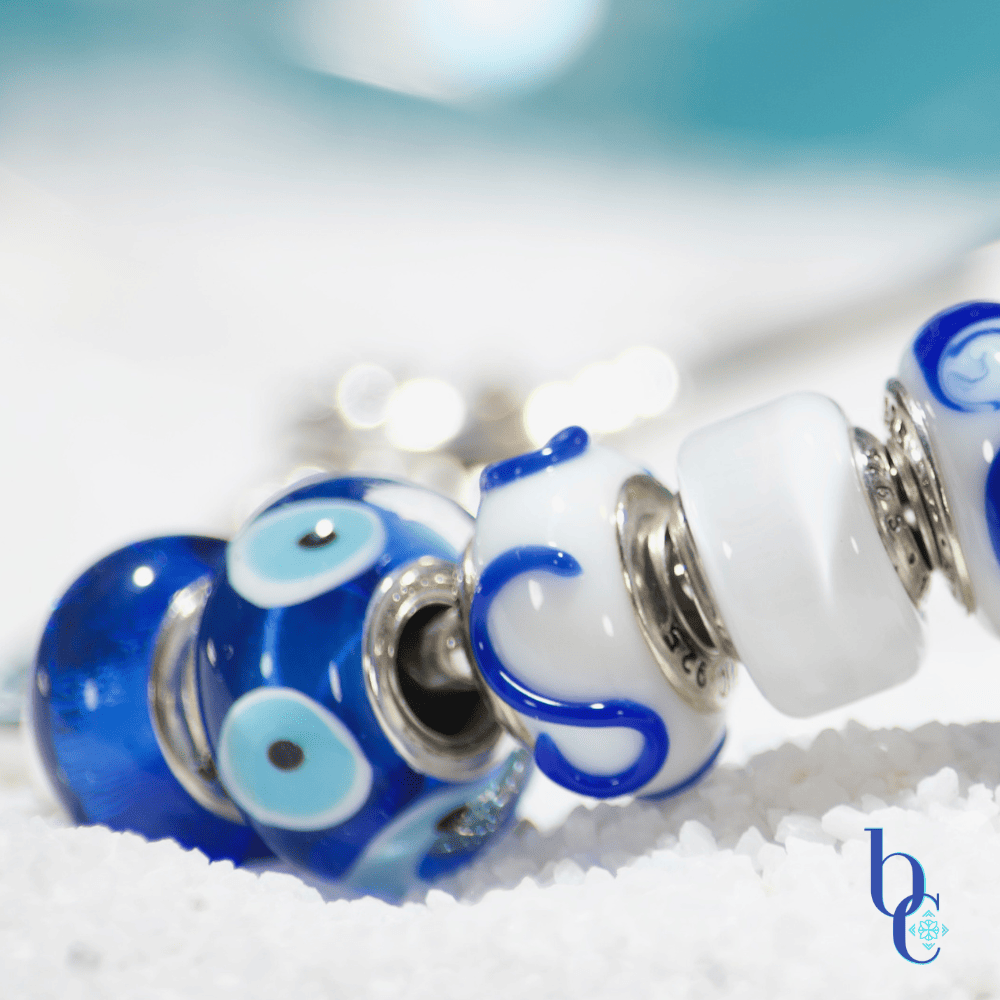 Bijoux Chat's Blue and White Mediterranean Bracelet Design Featuringa Macro of evil eye Beads.