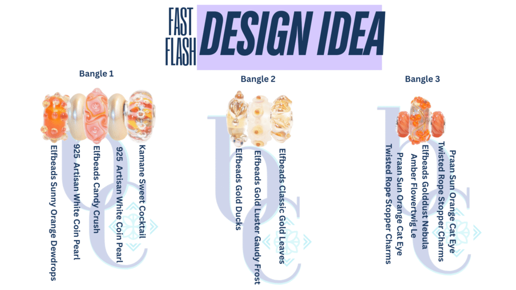 Bijoux Chat's Charmstack Visualizer© Diagram with the charms used in the Fast Flash post bangles that helps readers locate the charms used in the post if they'd like to purchase them and style their own designs. This diagram gives 3 options for styling European bead charm bangles.