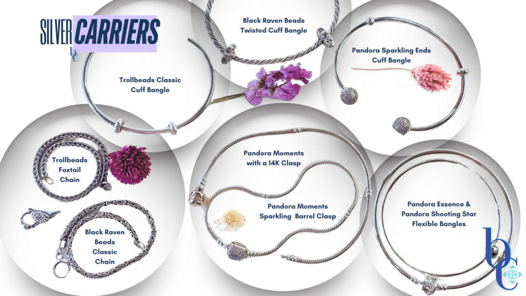 Bijoux chat's image of assorted sterling silver bracelet carriers for  European style bracelet charms and beads. This is a visual guide for choosing a European charm bracelet carrier.