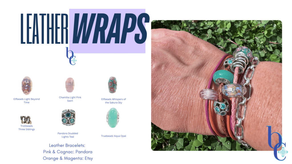 An Image showing the leather wrap bracelets and the charms used on them in the Bijoux Chat post about carriers for European style bracelets. The image includes a real-life photo of the leather bracelets on a wrist and images of the charms shown on the bracelets.