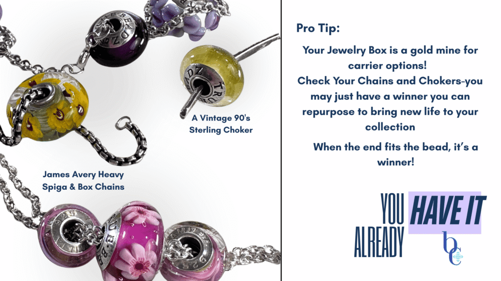 An Image showing that some of your current jewelry may be also used as a carrier for European style charms & beads.  The image illustrates with examples that if the end of the jewelry fits through the charm, you have a new carrier to add more versatility to your collection.