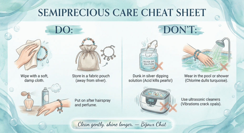 A handy visual guide with how-to tips for cleaning European bracelet charms and beads including semi-precious gemstones.  Done on an aqua watercolor background  by Bijouxchat.com.
