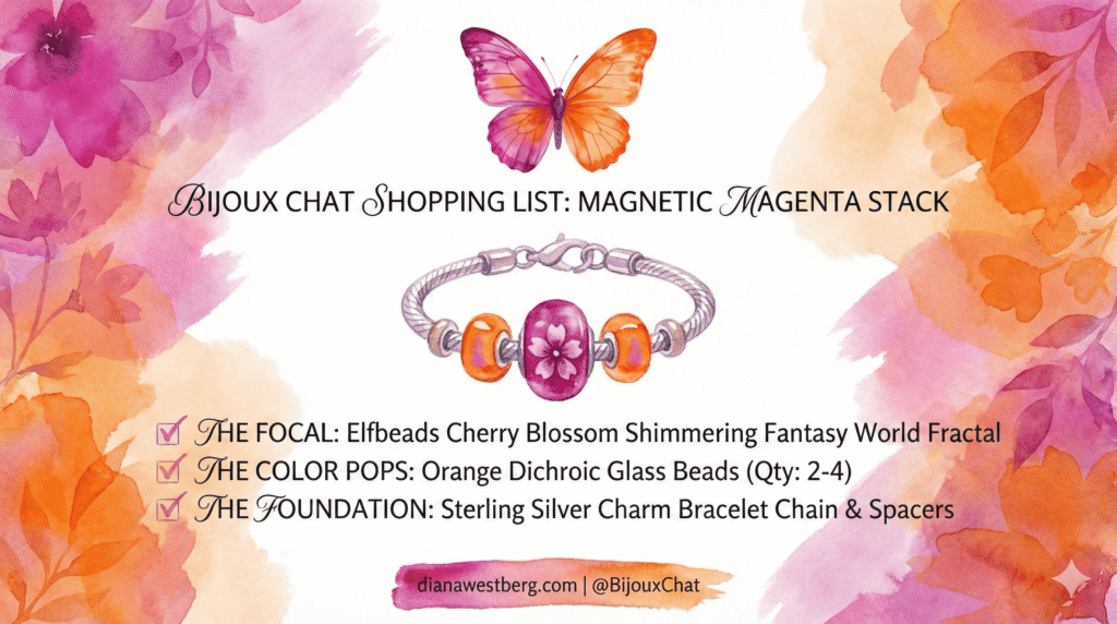 Bijoux Chat's Magnetic Magenta design shopping tips to show you which charms you can consider when building your own magenta and orange European style charm bracelet design.