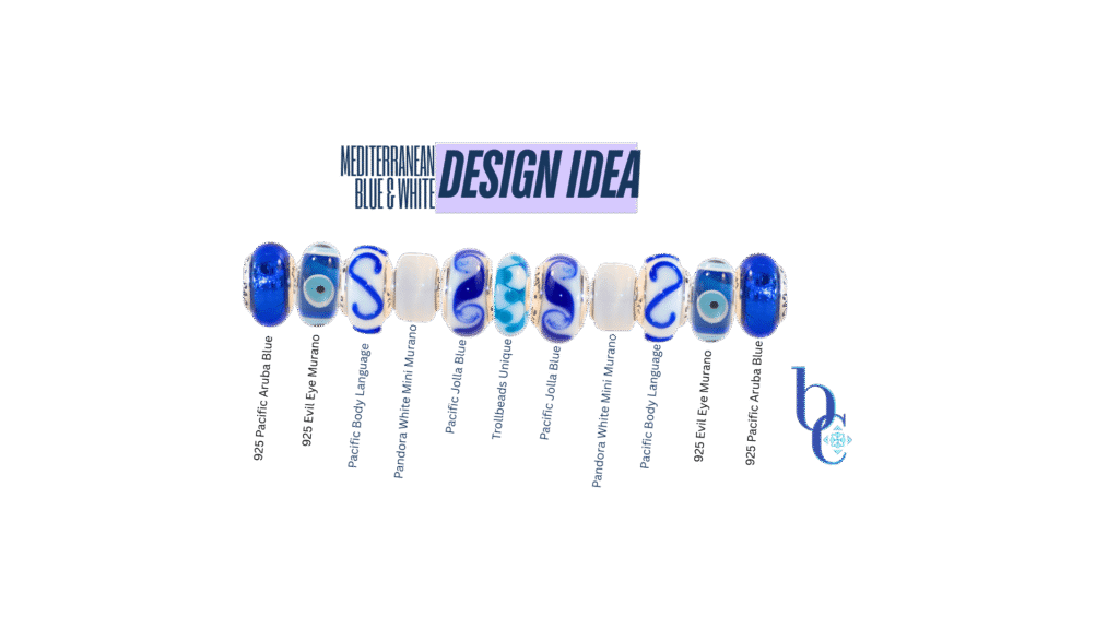 Bijoux Chat's CharmStack Visualizer© Diagram to show you which beads and charms were used in the Blue & White Mediterranean European Charm Bracelet Design.
