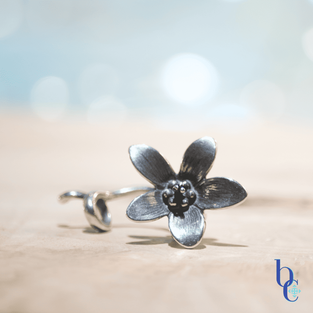 Image of a large Trollbeads sterling silver anemone flower pendant on a rustic wooden surface and a light blue background.