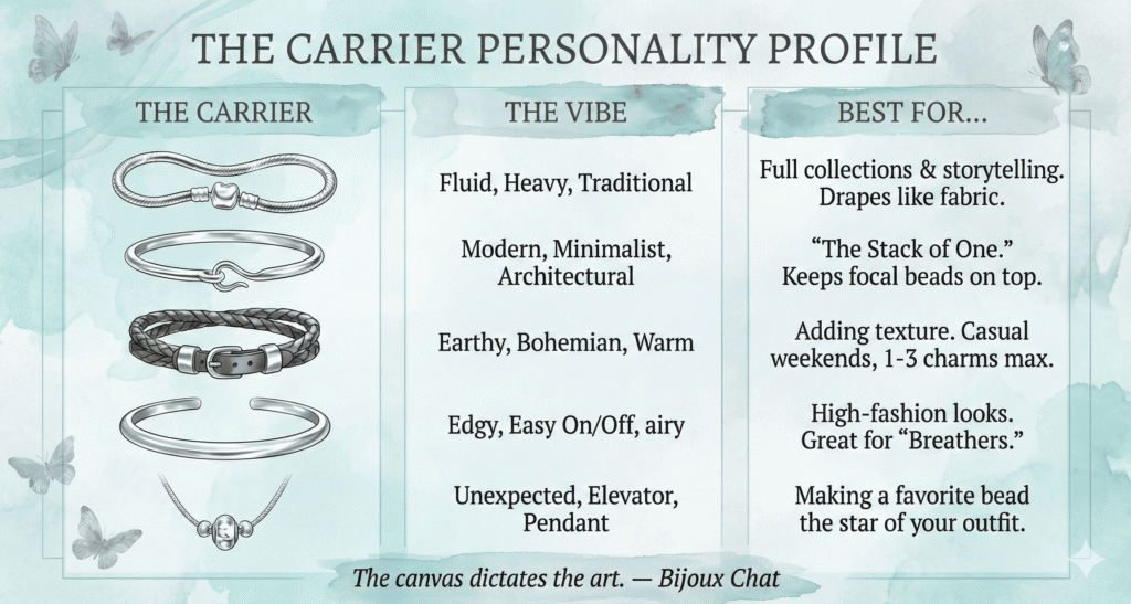 A teal watercolor infographic titled 'The Carrier Personality Profile' by Bijoux Chat. It categorizes five jewelry bases by Vibe and Use Case: 1) Snake Chain: Fluid and traditional; best for full storytelling and draping like fabric. 2) Hook Bangle: Modern and architectural; best for the 'Stack of One' keeping focal beads on top. 3) Braided Leather: Earthy and bohemian; best for adding texture with 1-3 charms max. 4) Open Cuff: Edgy and airy; best for high-fashion looks and 'breathers.' 5) Necklace Pendant: Unexpected; best for making a favorite bead the star of an outfit. Footer quote reads: 'The canvas dictates the art.