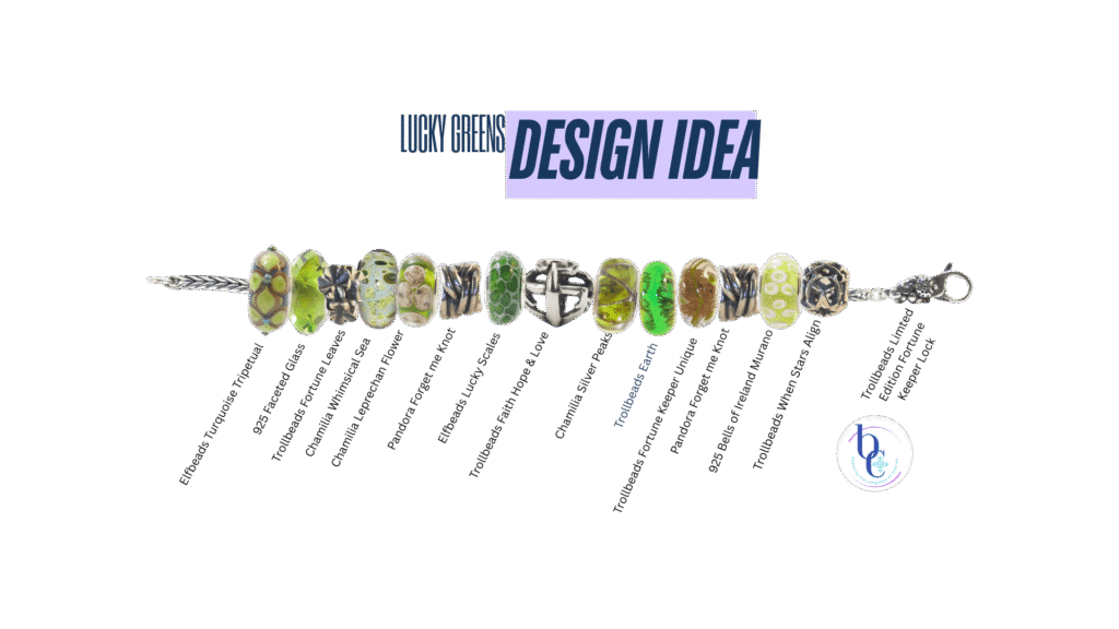 Bijoux Chat's Lucky Greens Charmstack Visualizer© Diagram that describes all of the beads, charms and carrier used in the Lucky Greems European Bracelet Design.