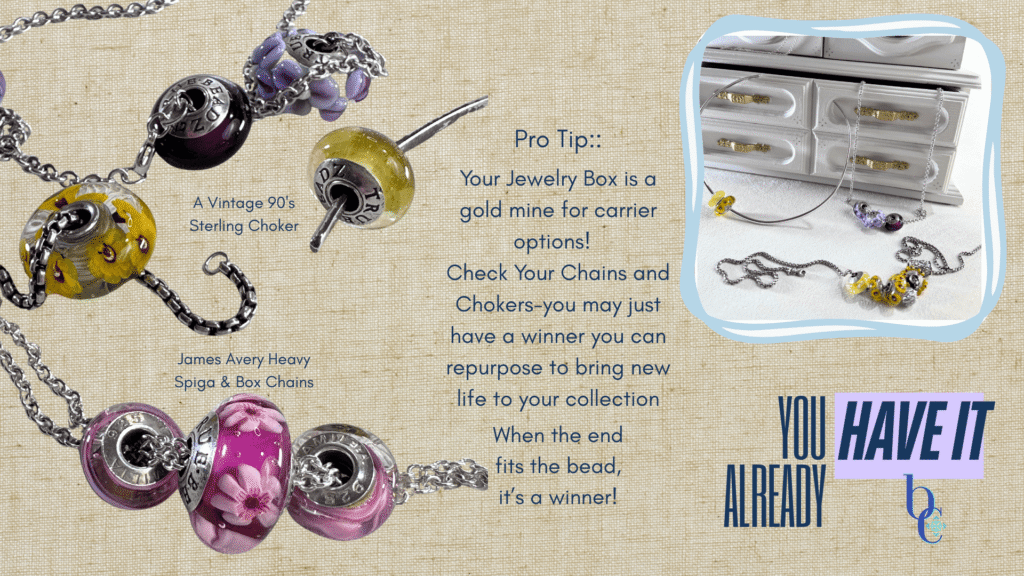 Macro photography showing a European charm bead next to a standard silver chain necklace and vintage silver choker. The ends are pushed through the beads to demonstrate it fits over the chain's end.


