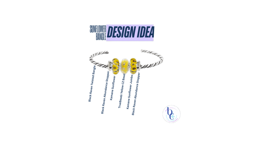 Charmstack Visualizer for the Sunflower Bangle Design showing charms and pieces used to create the design, which helps readers identify the beads and shop more easily from the post on Bijoux Chat.