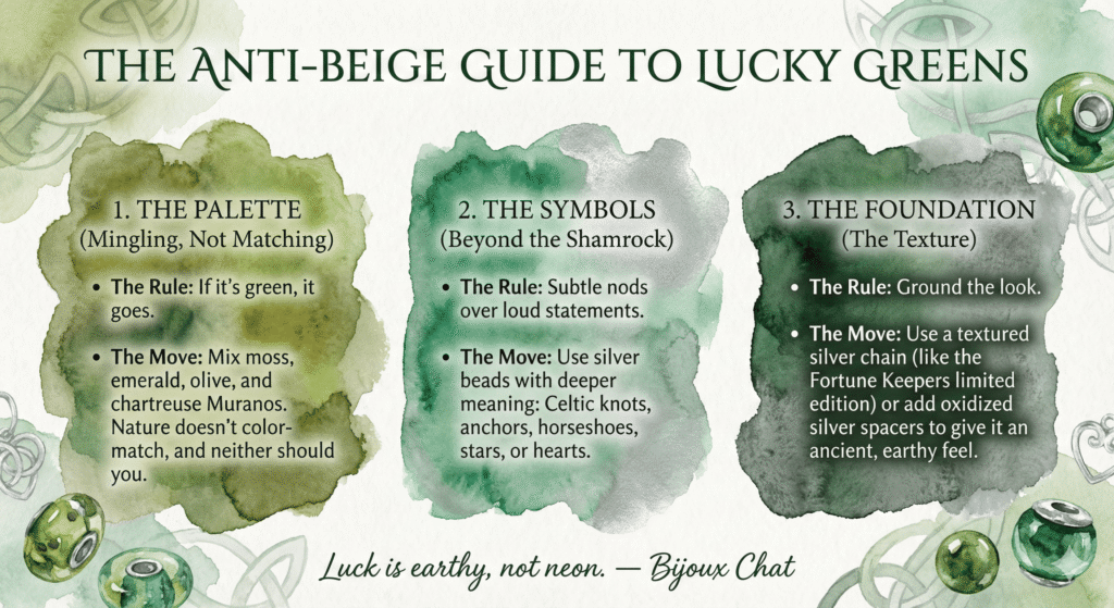 THE ANTI-BEIGE GUIDE TO LUCKY GREENS Visual Style: Washes of varied green watercolors (olive, emerald, mint) with subtle silver knot motifs in the background.png