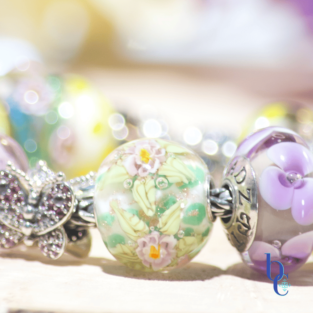 Closeup of Elfbeads High Summer LE Bead in the Butterfly Garden Bracelet design on Bijoux Chat