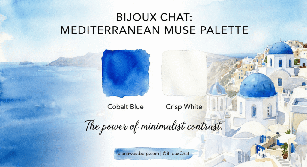 A beautiful watercolor visualization of the Santorini inspiration and the two core colors.
