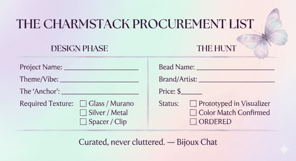 The Charmstack Visualizer Procurement  List graphic, which helps users hop and plan charm purchases with design in mind.