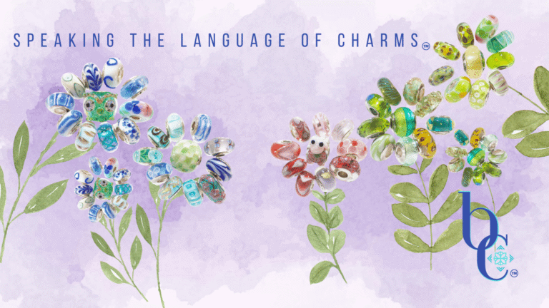 Bijoux Chat's main motto on a purple watercolor background with stylized flowers with the flower heads made of pictures of European bracelet bead charms.