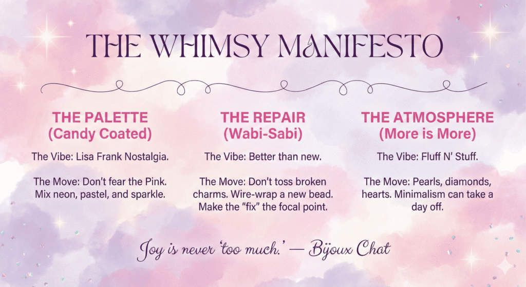 THE WHIMSY MANIFESTO is a description of the main ideas of this post in a Visual Style that looks like: A cloud-like, dreamy pink and purple watercolor background with "sparkle" stars.