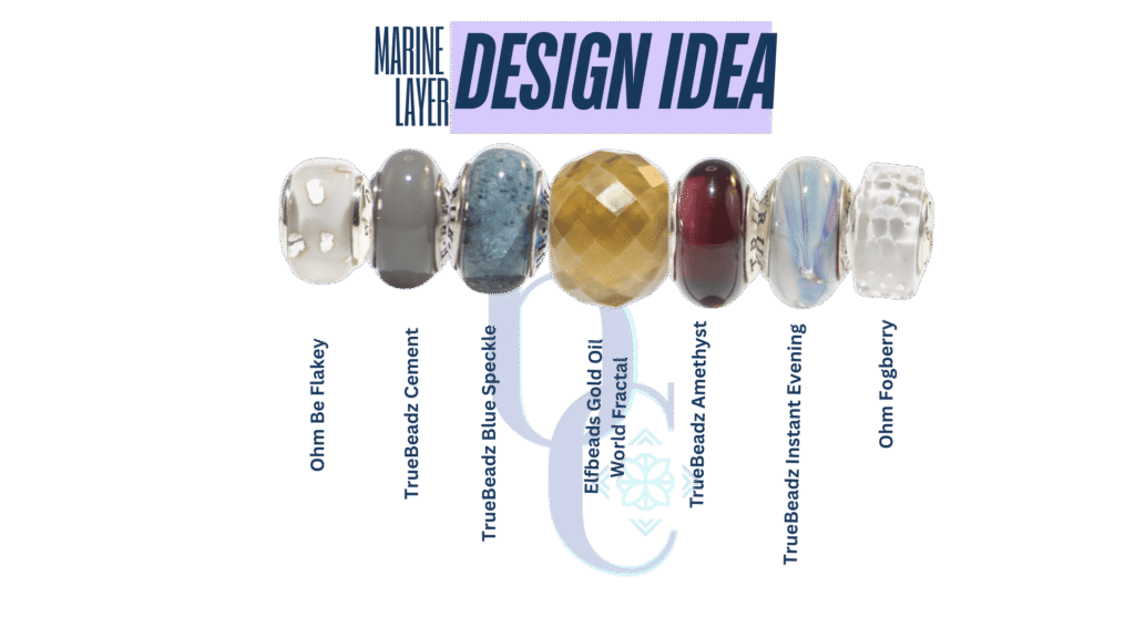 A styled European charm bracelet from Bijoux Chat calle Marine Layer displayed alongside its digital CharmStack Visualizer© layout, featuring a dynamic mix of tactile silver charms and glowing art glass.