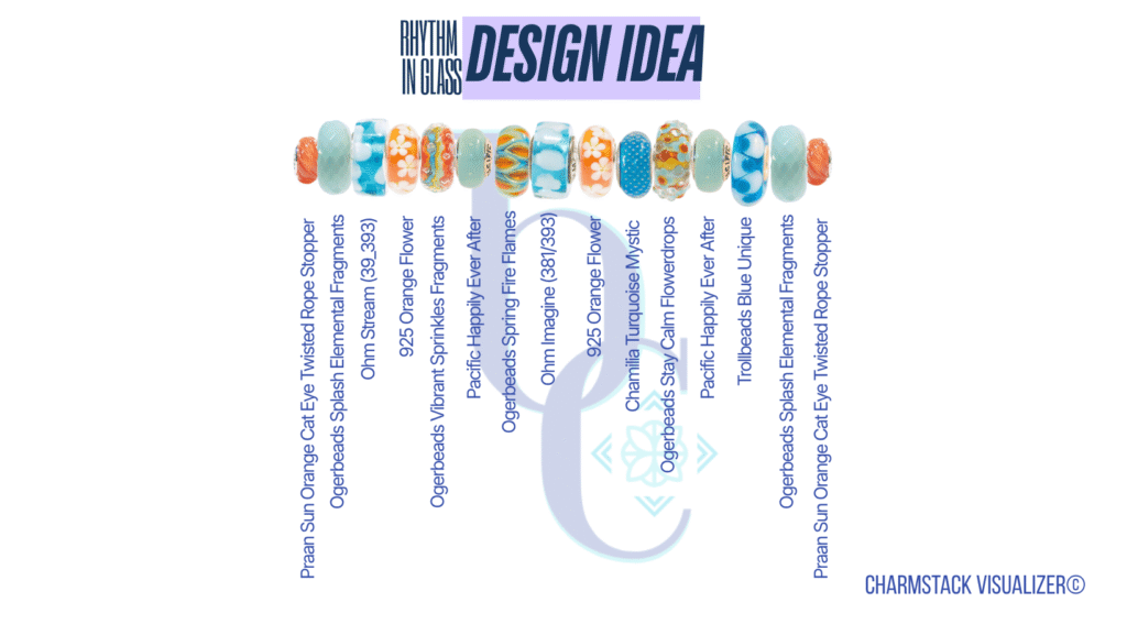 Bijoux Chat's Charmstack©Visualizer Diagram for the featured design that shows readers the beads used, should they want to replicate the design or shop for beads. It also gives tips for cyan and orange charm bracelet styling.