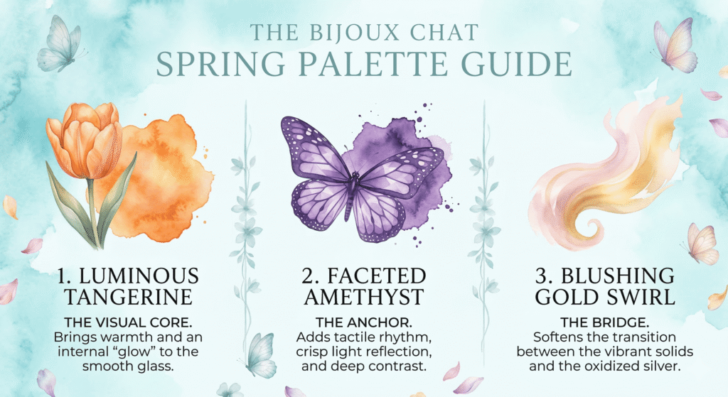 A watercolor themed description of the tulip bracelet's color palette. Set on a soft aqua background with the signature colors of orange, purple, and pink as the focus.