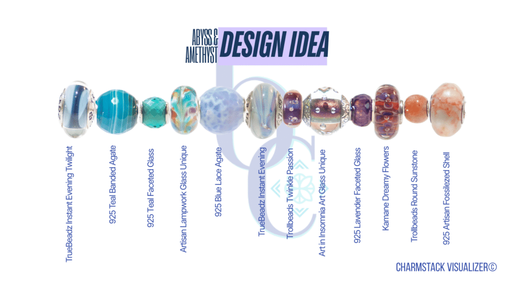 The CharmStack© Visualizer diagram for the Abyss & Amethyst Bracelet Design by Bijoux Chat. The diagram allows readers to see the beads used in the design so that they can recreate the style or shop for pieces they like.