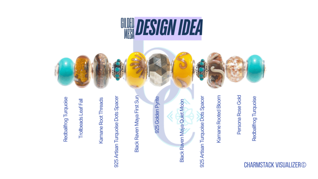 The CharmStack© Visualizer diagram for the Gilded Mesa Bracelet Design by Bijoux Chat.  The diagram allows readers to see the beads used in the design so that they can recreate the style or shop for pieces they like.