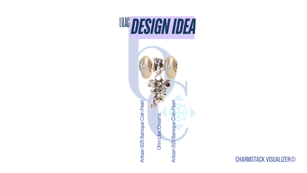 CharmStack© Visualizer diagram that shows the beads used in the featured post bracelet easily labeled for readers to use to help identify the beads for information or as a shopping resource. It is a guide for the Lilac Dreams bangle design.