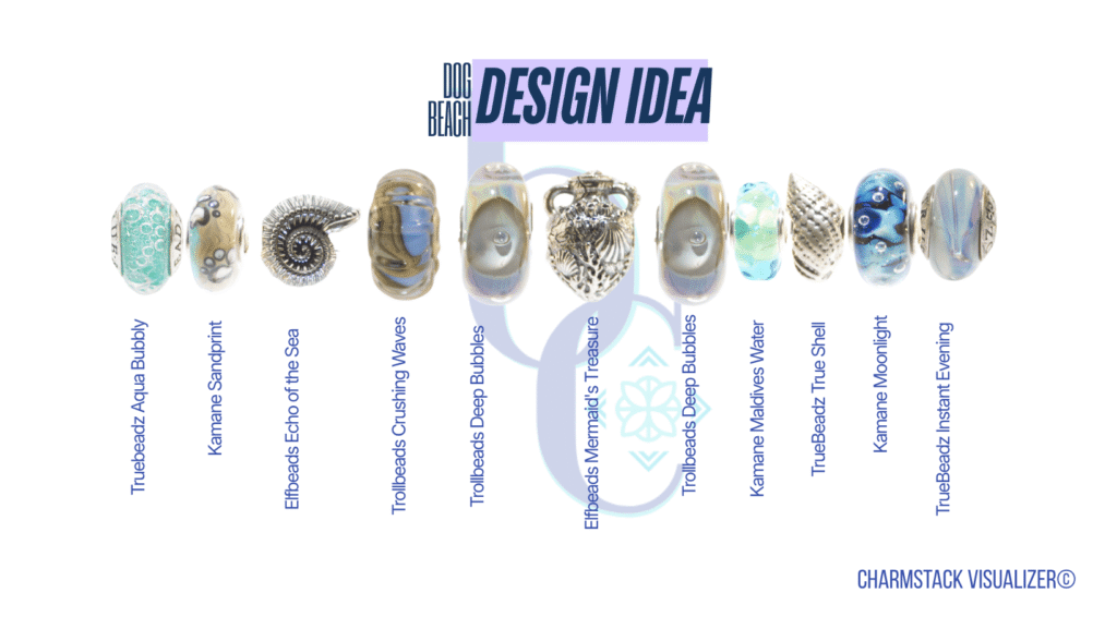 The CharmStack© Visualizer diagram for the Dog Beach Bracelet Design by Bijoux Chat. The diagram allows readers to see the beads used in the design so that they can recreate the style or shop for pieces they like.