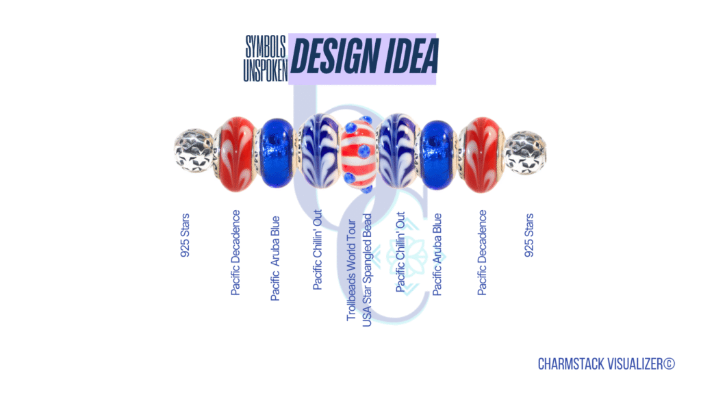 The CharmStack© Visualizer diagram for the Memorial Day Charm Bracelet Design by Bijoux Chat. The diagram allows readers to see the beads used in the design so that they can recreate the style or shop for pieces they like.