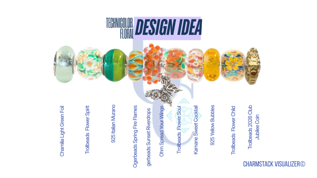 The CharmStack© Visualizer diagram for the  Technicolor Floral Charm Bracelet Design by Bijoux Chat. The diagram allows readers to see the beads used in the design so that they can recreate the style or shop for pieces they like.