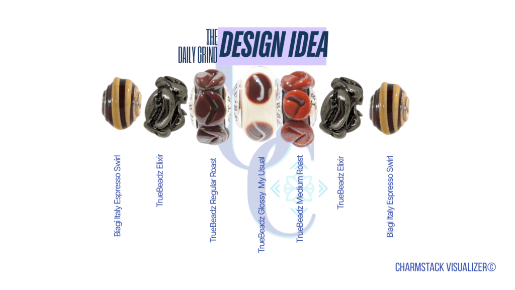 The CharmStack© Visualizer diagram for the Daily Grind Coffee Charm Bracelet Design by Bijoux Chat. The diagram allows readers to see the beads used in the design so that they can recreate the style or shop for pieces they like.