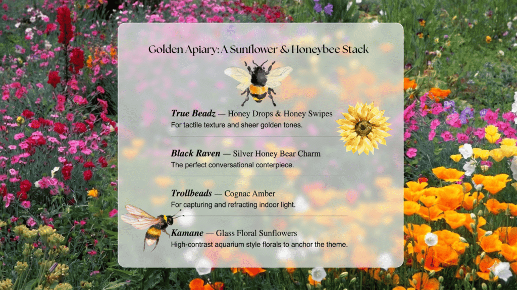 A graphic that describes the design's main focal beads with a colorful flower garden background.