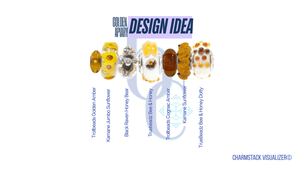 The CharmStack© Visualizer diagram for the Golden Apiary Charm Bracelet Design by Bijoux Chat. The diagram allows readers to see the beads used in the design so that they can recreate the style or shop for pieces they like.