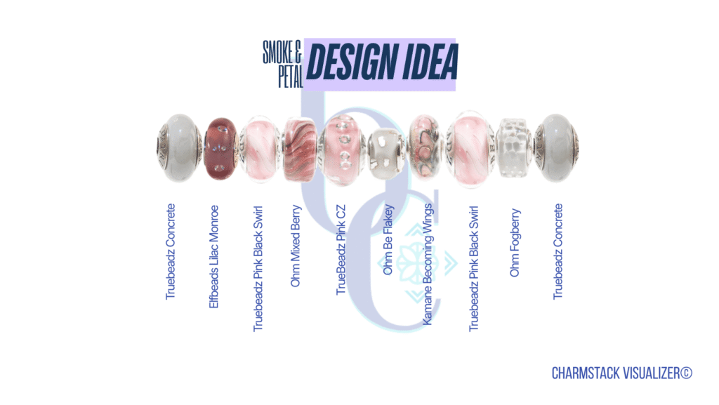 The CharmStack© Visualizer diagram for the Smoke & Petal Bracelet Design by Bijoux Chat. The diagram allows readers to see the beads used in the design so that they can recreate the style or shop for pieces they like.