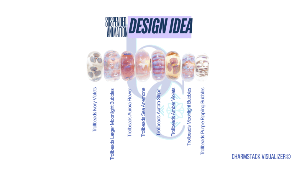 The CharmStack© Visualizer diagram for the Suspended Animation Charm Bracelet Design by Bijoux Chat. The diagram allows readers to see the beads used in the design so that they can recreate the style or shop for pieces they like.