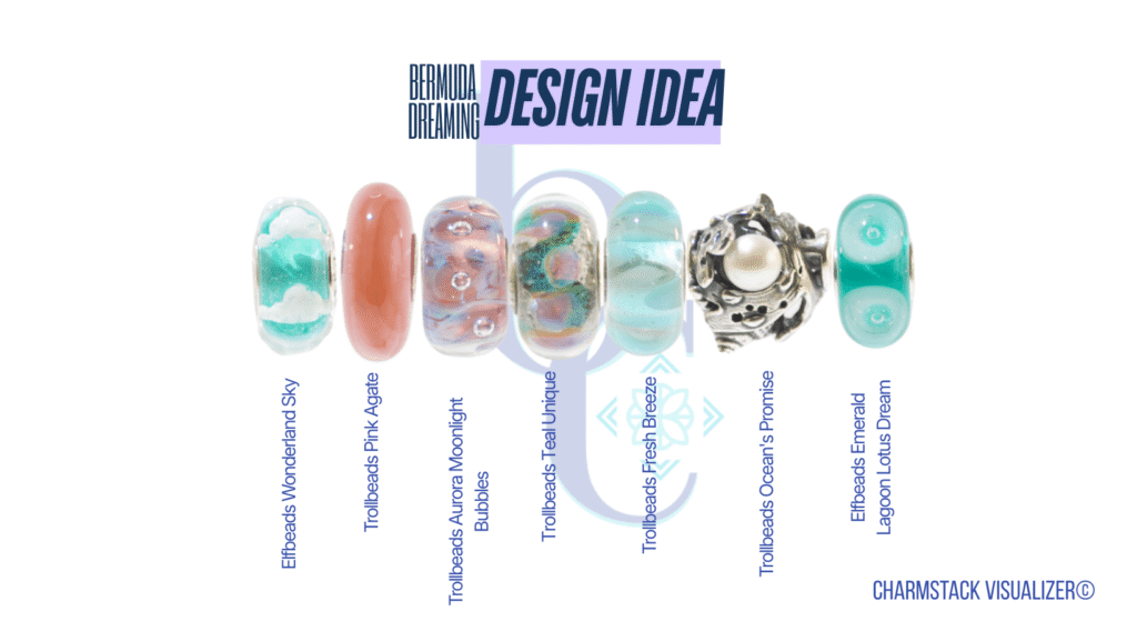 The CharmStack© Visualizer diagram for the  Bermuda Dreaming Charm Bracelet Design by Bijoux Chat. The diagram allows readers to see the beads used in the design so that they can recreate the style or shop for pieces they like.
