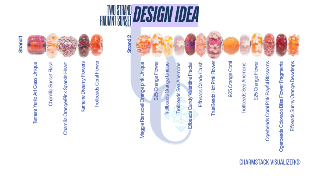 The CharmStack© Visualizer diagram for the Radiant Sunset Charm Bracelet Design by Bijoux Chat. The diagram allows readers to see the beads used in the design so that they can recreate the style or shop for pieces they like.