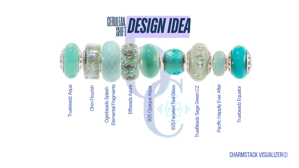 The CharmStack© Visualizer diagram for the Cerulean Shift Charm Bracelet Design by Bijoux Chat. The diagram allows readers to see the beads used in the design so that they can recreate the style or shop for pieces they like.