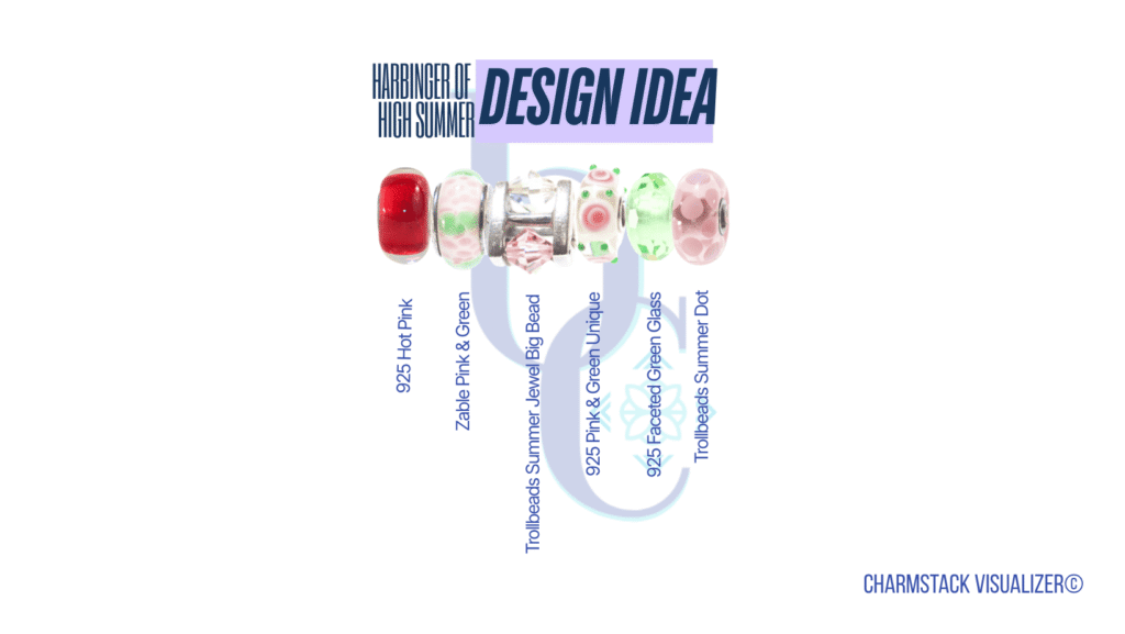 The CharmStack© Visualizer diagram for the Harbinger of High Summer Charm Bracelet Design by Bijoux Chat. The diagram allows readers to see the beads used in the design so that they can recreate the style or shop for pieces they like.