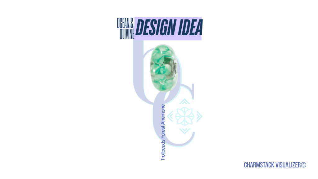 The CharmStack© Visualizer diagram for the Ocean & Olivine Charm Bracelet Design by Bijoux Chat. The diagram allows readers to see the beads used in the design so that they can recreate the style or shop for pieces they like.