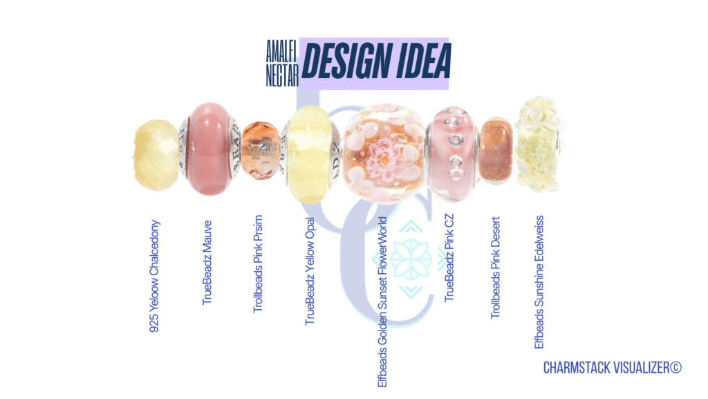 The CharmStack© Visualizer diagram for the Amalfi Nectar Charm Bracelet Design by Bijoux Chat. The diagram allows readers to see the beads used in the design so that they can recreate the style or shop for pieces they like.