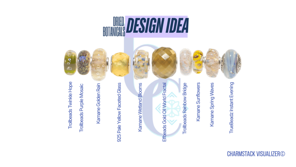 The CharmStack© Visualizer diagram for the Dried Botanicals Charm Bracelet Design by Bijoux Chat. The diagram allows readers to see the beads used in the design so that they can recreate the style or shop for pieces they like.