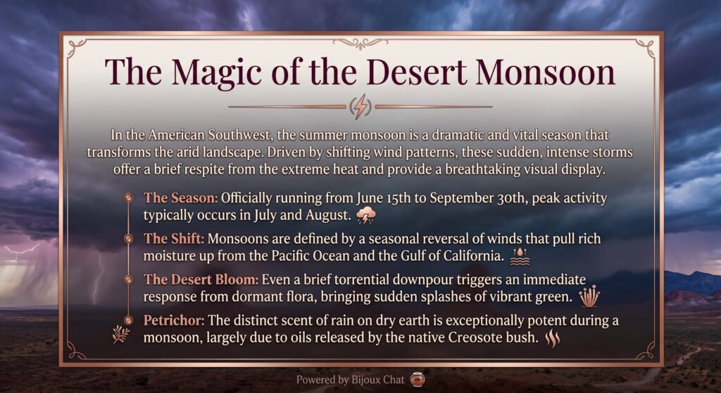 An educational editorial graphic titled 'The Magic of the Desert Monsoon'. It outlines key facts about the southwestern monsoon season, wind shifts, desert bloom, and petrichor, set against a moody background of dramatic storm clouds and a rugged desert landscape.