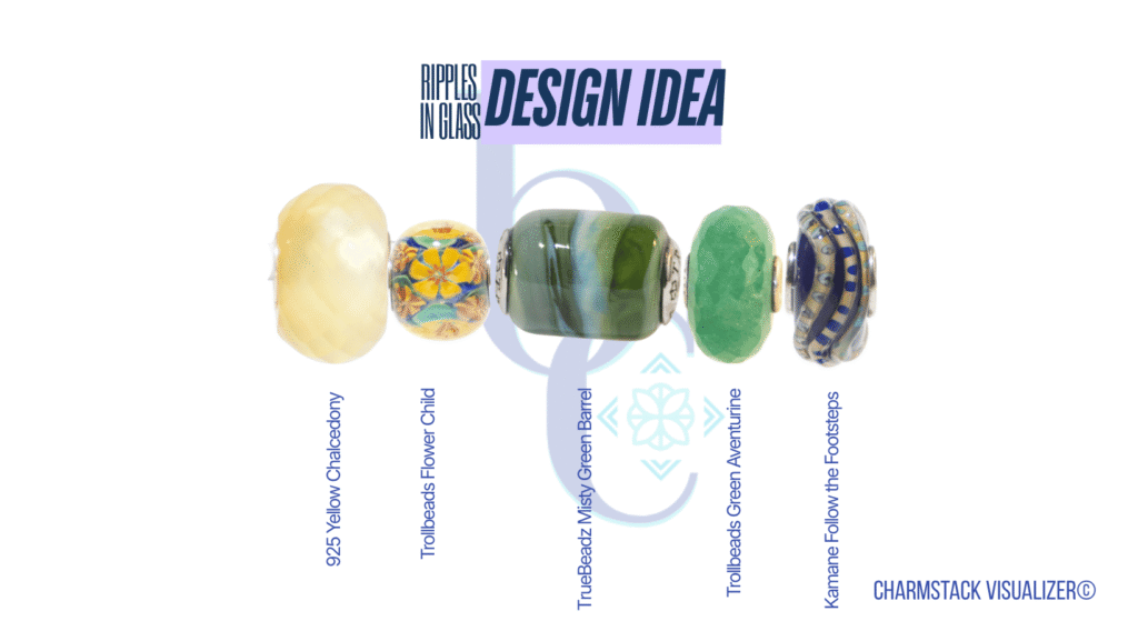 The CharmStack© Visualizer diagram for the Ripples in Glass Charm Bracelet Design by Bijoux Chat. The diagram allows readers to see the beads used in the design so that they can recreate the style or shop for pieces they like.