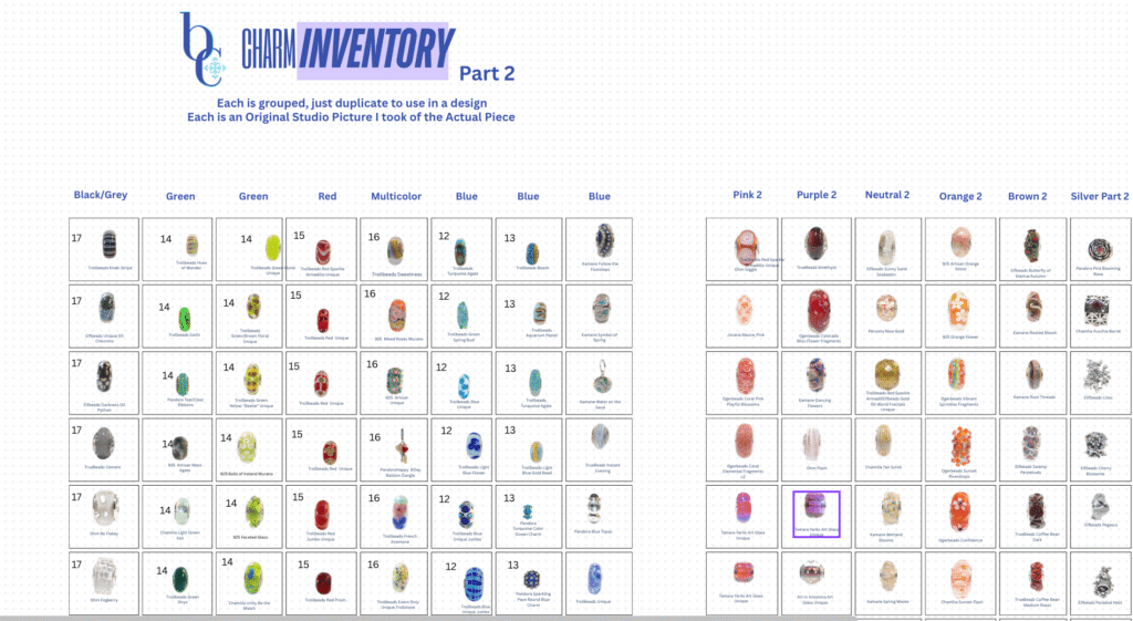 A screenshot of 1 of the 3 whiteboards I keep my charm photo inventories in on Canva.  I have about 1000 charms that I've catalogued and own in this manner.  All images are my original photos, taken in my studio with a DSLR.