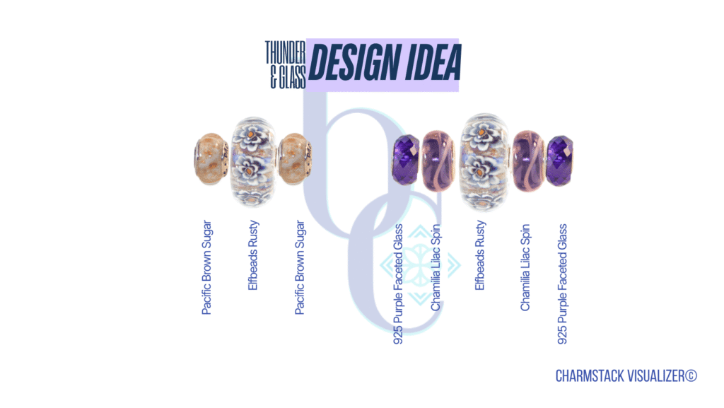 The CharmStack© Visualizer diagram for the Thunder & Glass Charm Bracelet Design by Bijoux Chat. The diagram allows readers to see the beads used in the design so that they can recreate the style or shop for pieces they like.