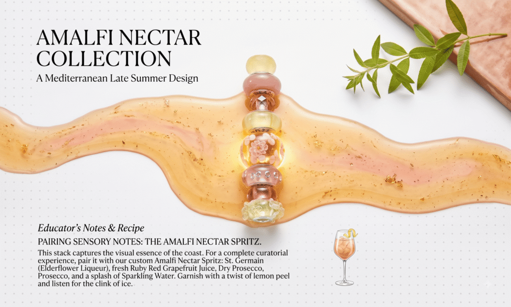 The Educator's Notes for the Amazlfi Nectar post, a beautiful image of the beads from the design over a golden pink river of liquid syrup. The text gives a cocktail recipe inpsired by the charm bracelet design.