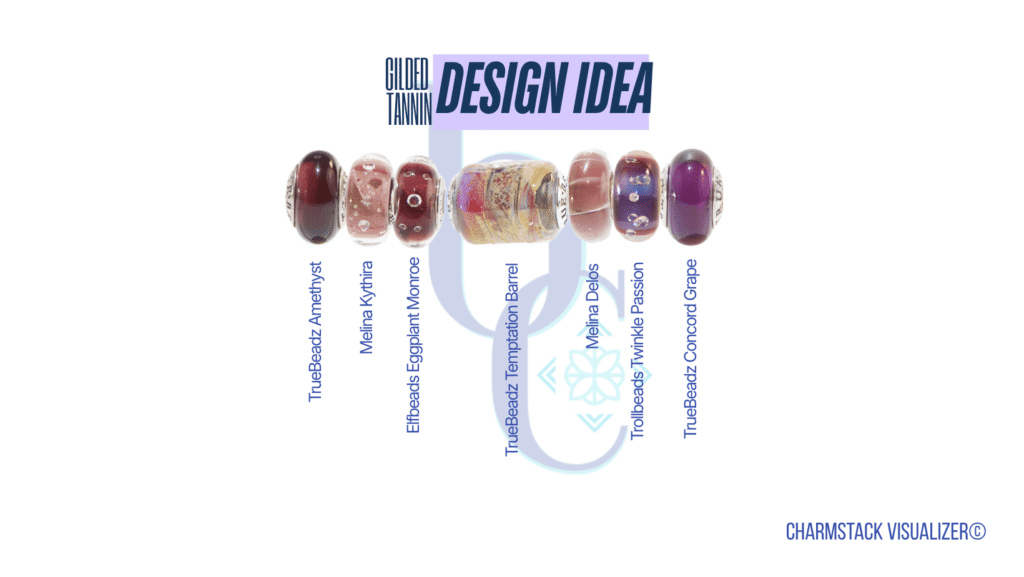 The CharmStack© Visualizer diagram for the Gilded Tannin Charm Bracelet Design by Bijoux Chat. The diagram allows readers to see the beads used in the design so that they can recreate the style or shop for pieces they like.