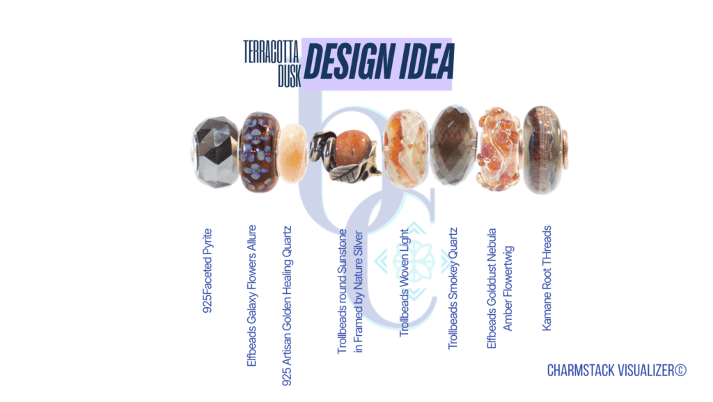 The CharmStack© Visualizer diagram for the Terracotta Dusk Charm Bracelet Design by Bijoux Chat. The diagram allows readers to see the beads used in the design so that they can recreate the style or shop for pieces they like.