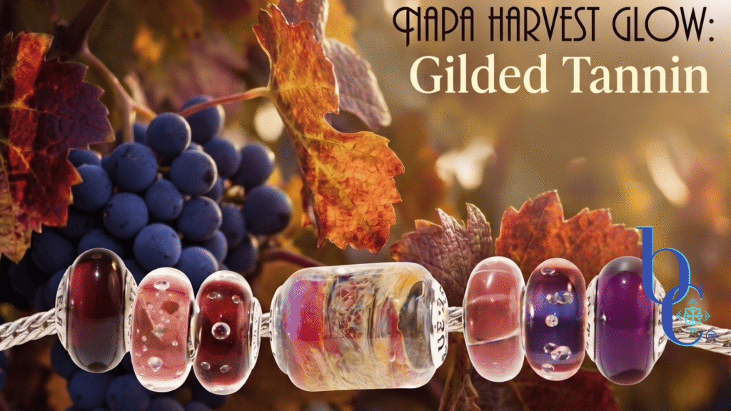 A high-definition macro photograph of an artisan glass charm bracelet featuring deep berry, violet, and gold-veined beads, strung against a background of sun-drenched autumn grape leaves and ripening dark fruit.